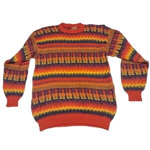 Vintage Retro Alpaca Wool Sweater Size L Large Hand Knit Fair Isle Orange Peru